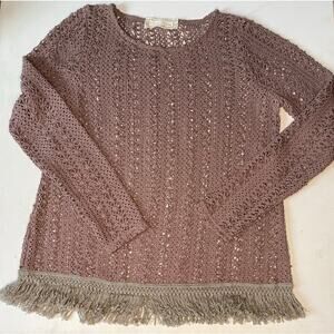 A’reve Women’s Mauve Crochet Knit Fringe Hem Sweater Sz L Boho Festival